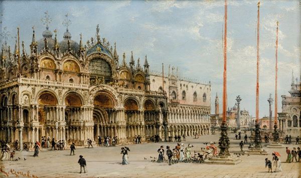 Giovanni Grubacs (Venezia 1830 - Pola 1919) Veduta di Palazzo Ducale e della Basilica dei Santi Giovanni e Paolo