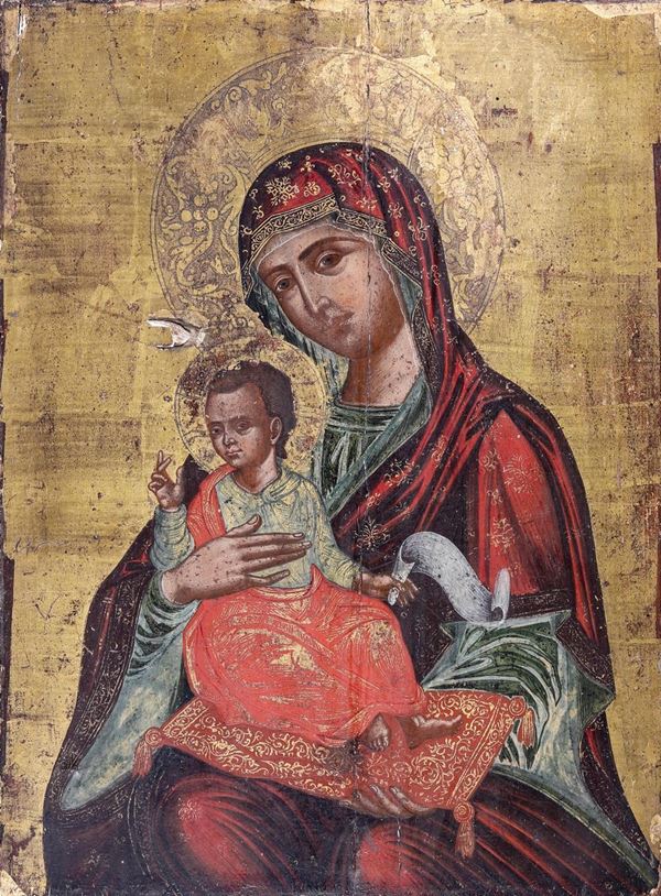 Madonna e Bambino. Dipinto su tavola a fondo oro. Scuola greca o Veneto-Cretese. XVII secolo.