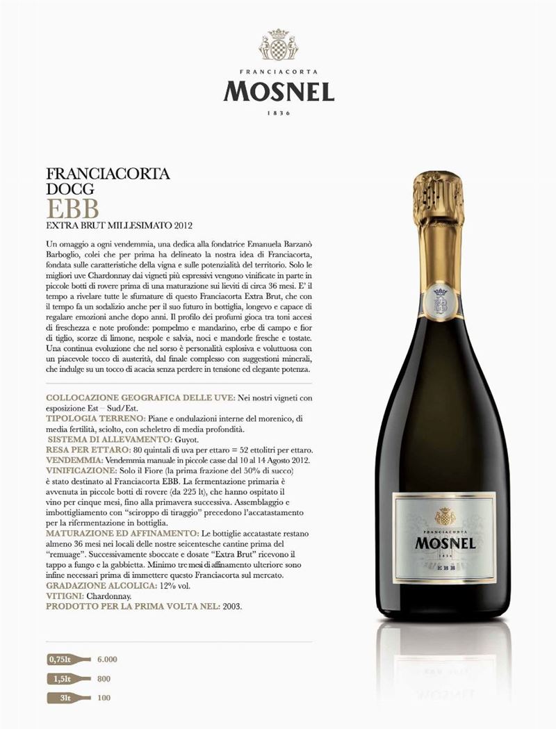 1 Mg Mosnel, Franciacorta Docg Millesimato Extra Brut EBB, 2012  - Auction Time Auction | In Vino Levitas - Cambi Casa d'Aste