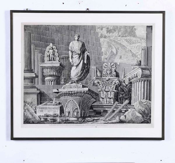 Luigi Rossini (1790 - 1857) Due grandi incisioni entro cornici, raffiguranti antichità di Cora.