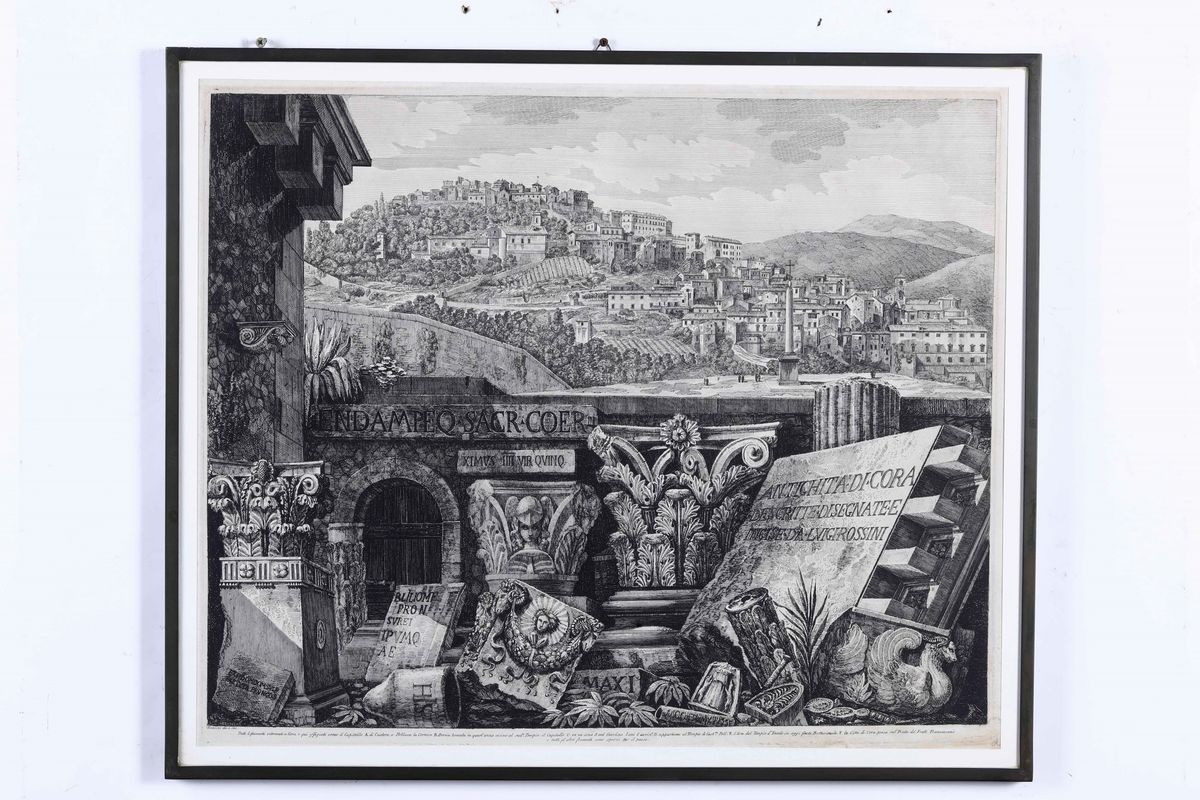 Luigi Rossini (1790 - 1857)due Grandi Incisioni Entro Cornici, Raffiguranti Antichità di Cora.