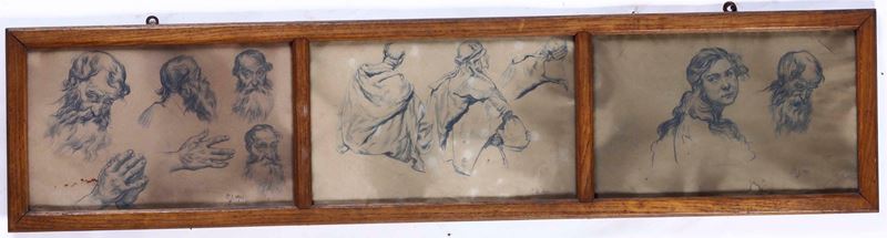 Scuola del XIX secolo Studi di figure maschili e femminili  - matita nera su carta - Auction Old Masters - Cambi Casa d'Aste
