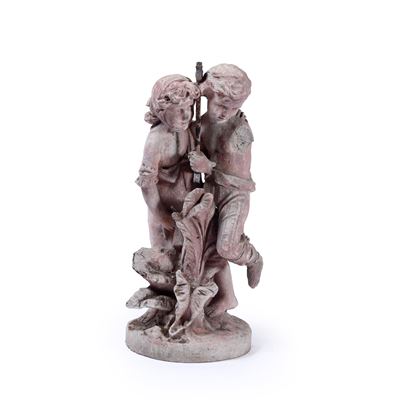 Scultura raffigurante bambini, scultura in pietra/legno con rotture (alt. 94 cm)