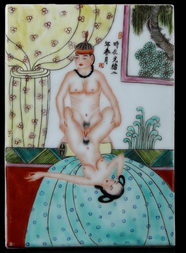 Sei placche in porcellana a soggetto erotico e iscrizioni, Cina, Repubblica, XX secolo