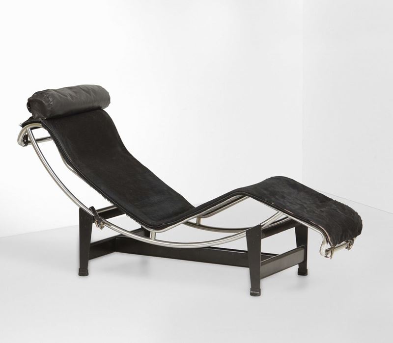 Chaise longue con struttura in metallo cromato e metallo laccato. Rivestimenti in cuoio e cavallino.  - Auction Design Lab - Cambi Casa d'Aste