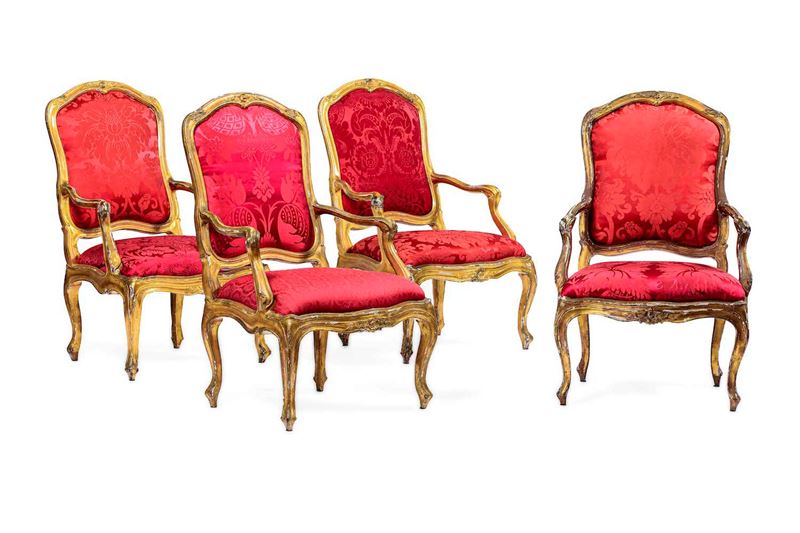 Quattro poltrone in legno intagliato e dorato, Genova XVIII secolo  - Auction Important Artworks and Furniture - Cambi Casa d'Aste