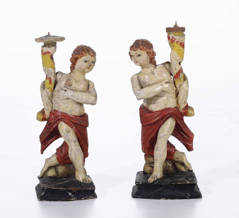 Due angioletti portacero in legno policromo. Italia XVIII secolo  - Auction Sculptures and Works of Art | Cambi Time - Cambi Casa d'Aste