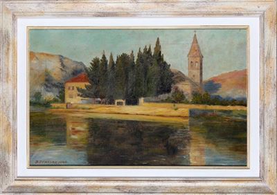 F. Ivanac (?), 1940paesaggio Fluviale con Campanile sullo Sfondo