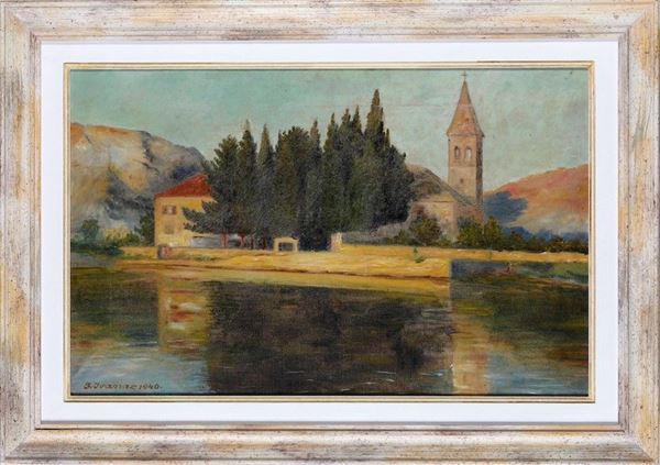 F. Ivanac (?), 1940 Paesaggio fluviale con campanile sullo sfondo