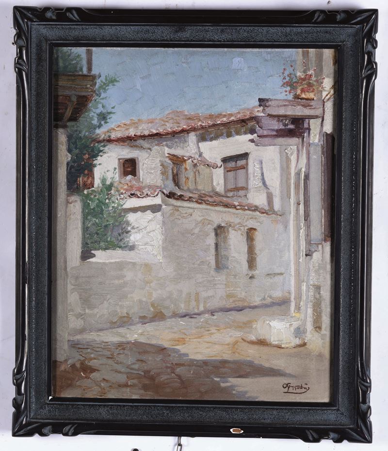 Pittore del XIX-XX secolo Strada con case  - Asta Dimore Italiane - Cambi Casa d'Aste