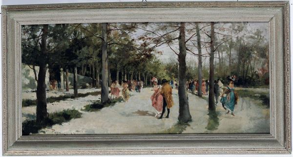 Pittore del XIX-XX secolo Figure che passeggiano al parco
