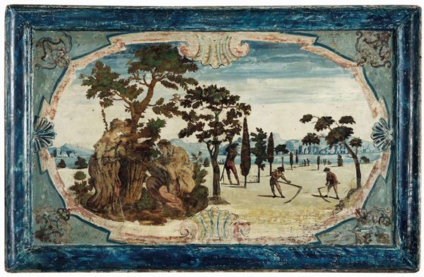 Vassoio laccato con figure in carta dipinta. Veneto XVIII secolo