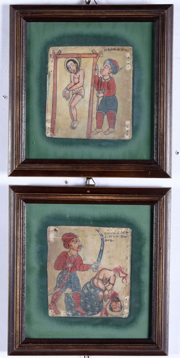 Due miniature su pergamena. Asia minore (?) XVIII secolo