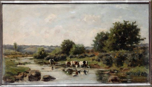 Pittore del XIX-XX secolo Paesaggio fluviale con mucche al pascolo
