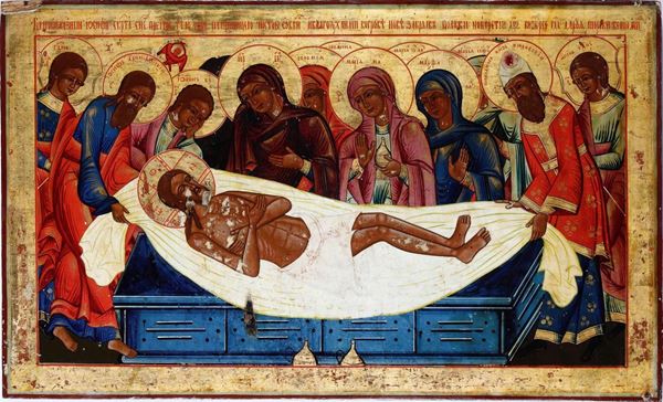 "Compianto sul Cristo morto". Icona su tavola. Scuola russa XIX secolo