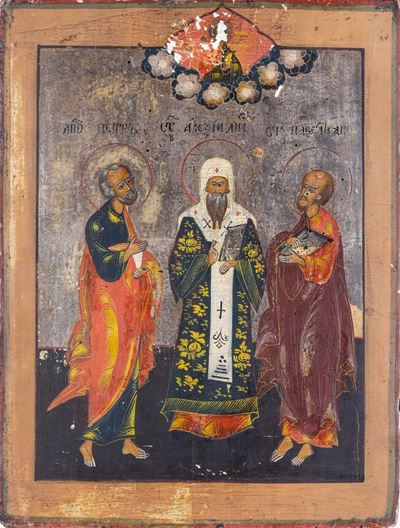 San Pietro, San Paolo con Santo Alexij. Icona su Tavola. Scuola Russa XIX Secolo