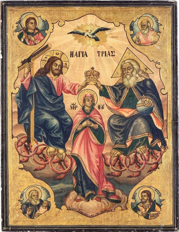 Incoronazione della Vergine. Icona su tavola. Scuola greca XIX secolo.