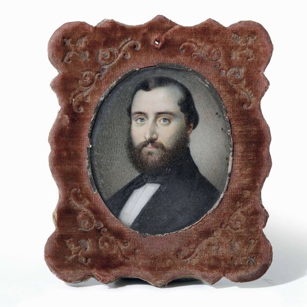 Miniatura su pergamena raffigurante uomo con barba. Miniatore del XIX secolo