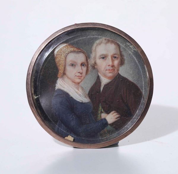 Miniatura raffigurante ritratto di coniugi borghesi. XVIII-XIX secolo