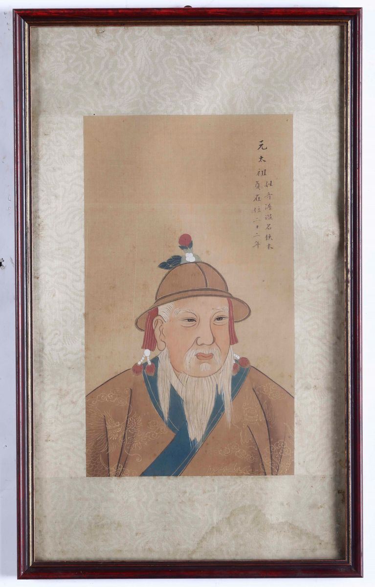 Dipinto su seta raffigurante anziano uomo e iscrizione, Cina, Dinastia Qing, XIX secolo  - Auction Asian Art - I - Cambi Casa d'Aste