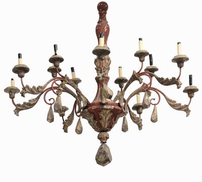 Lampadario a Dodici Luci in Legno Intagliato, Dipinto e Dorato, XVIII Secolo