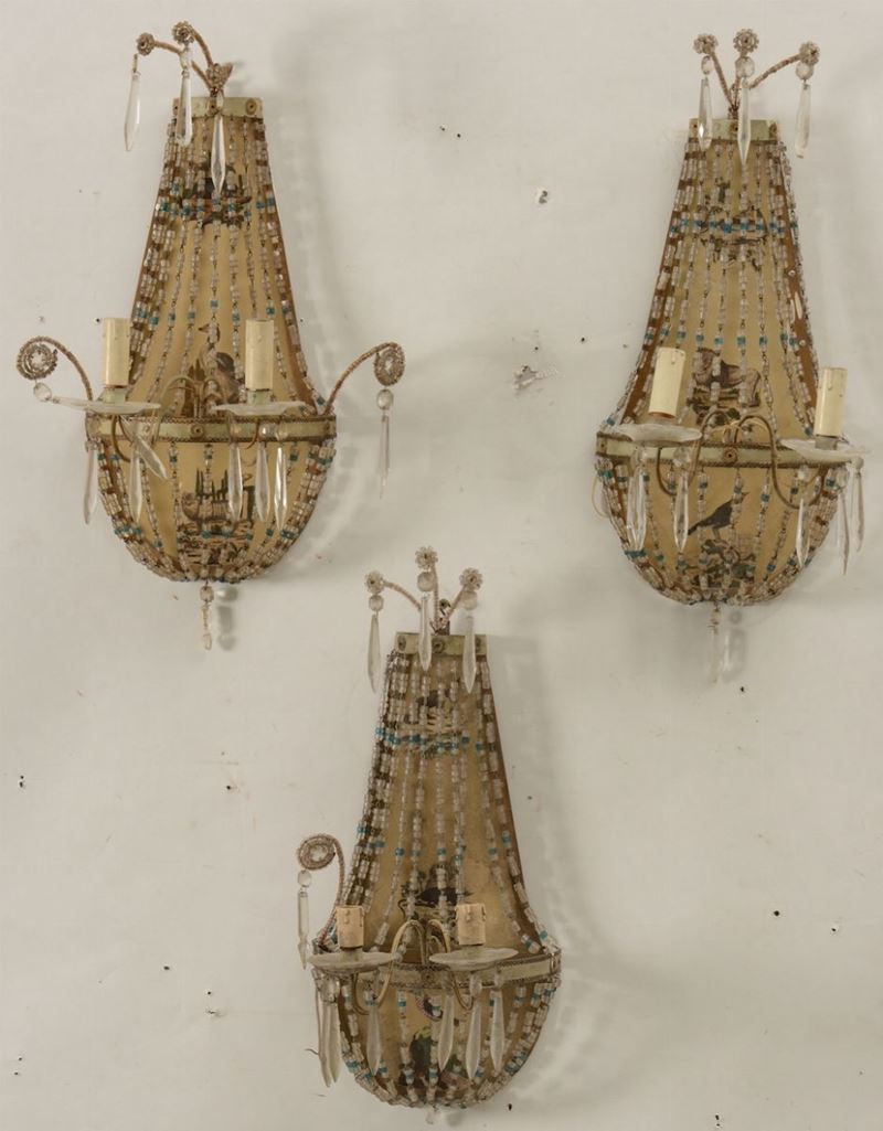 Tre appliques vetro e metallo, inizi XX secolo  - Auction Artworks and Furniture from Lombard private Mansions - Cambi Casa d'Aste