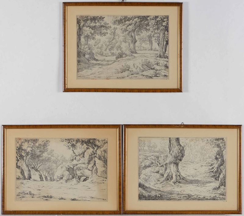Hendrik Voogd : Paesaggi boschivi  - matita nera e acquerello grigio su carta - Auction Old Masters - I - Cambi Casa d'Aste