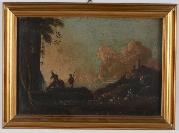  Ignoto pittore del XVIII secolo Paesaggio con soldati