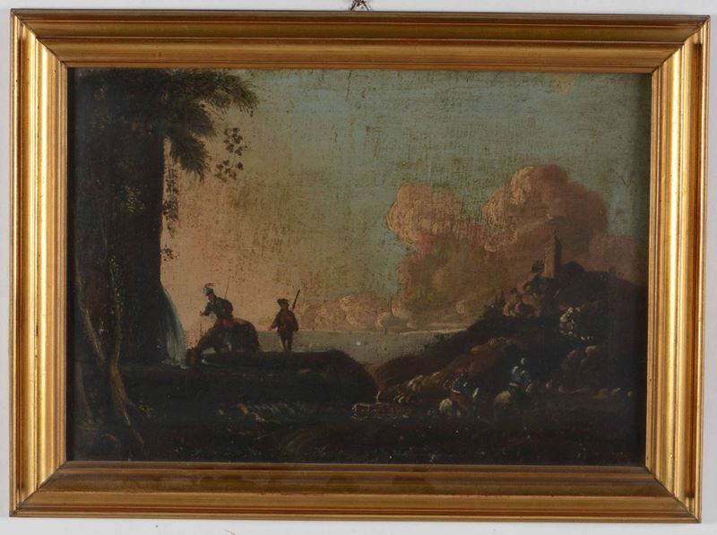 Ignoto pittore del XVIII secolo Paesaggio con soldati  - Asta Opere e Arredi da Dimore Lombarde - Cambi Casa d'Aste
