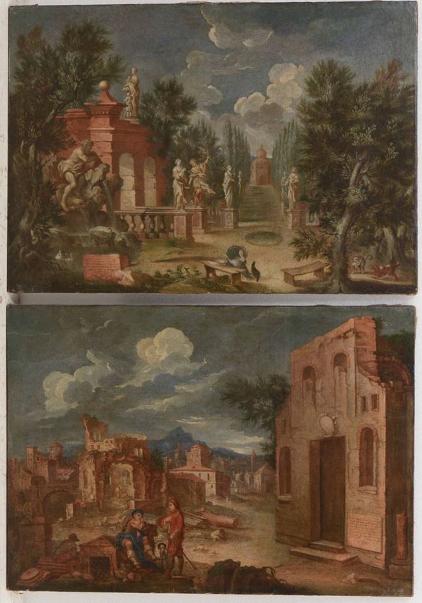 Scuola del XVIII secolo Scenografia con veduta di giardino e Veduta di Roma con rovine