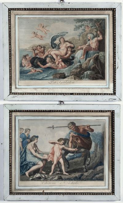 Coppia di Stampe Acquarellate Raffiguranti la Galatea e Chirone e Achille, XVIII Secolo