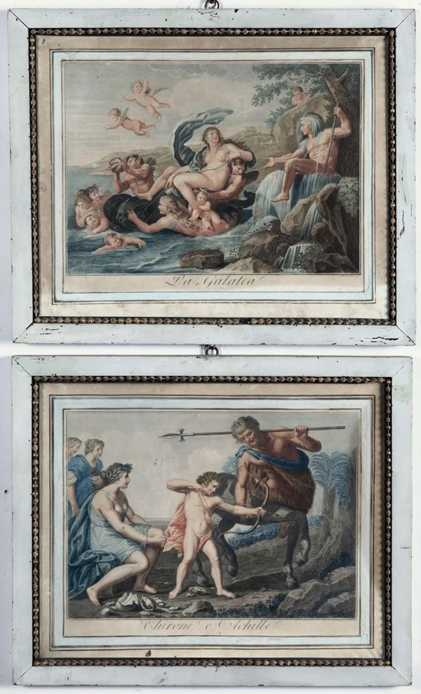 Coppia di stampe acquarellate raffiguranti La Galatea e Chirone e Achille, XVIII secolo