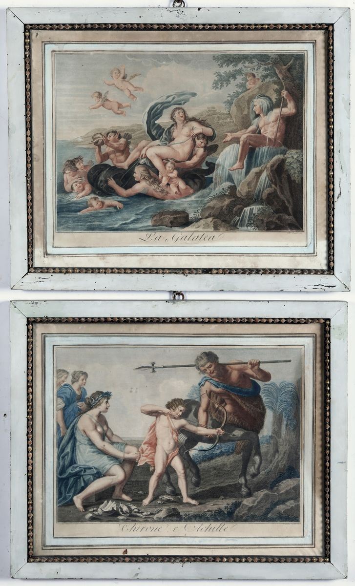 Coppia di stampe acquarellate raffiguranti La Galatea e Chirone e Achille, XVIII secolo  - Asta Dimore Italiane - Cambi Casa d'Aste