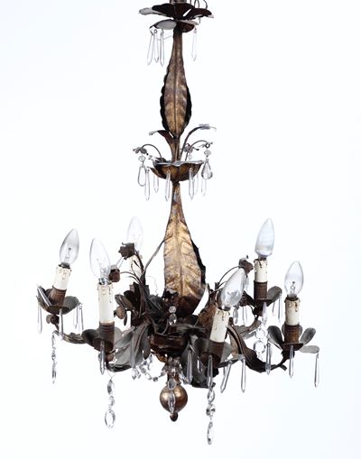 Lampadario in Metallo Dorato e Cristalli, XIX-XX Secolo