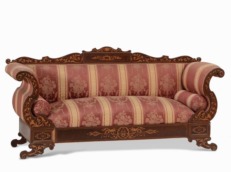 Divano Carlo X in legno impiallacciato ed intarsiato, XIX secolo  - Auction Artworks and Furniture from Lombard private Mansions - Cambi Casa d'Aste