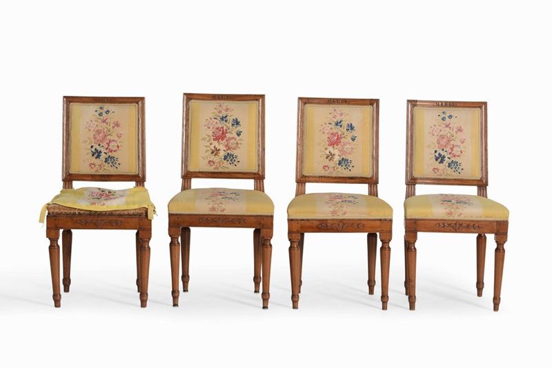 Quattro sedie in legno intagliato, fine XVIII secolo  - Auction Artworks and Furniture from Lombard private Mansions - Cambi Casa d'Aste