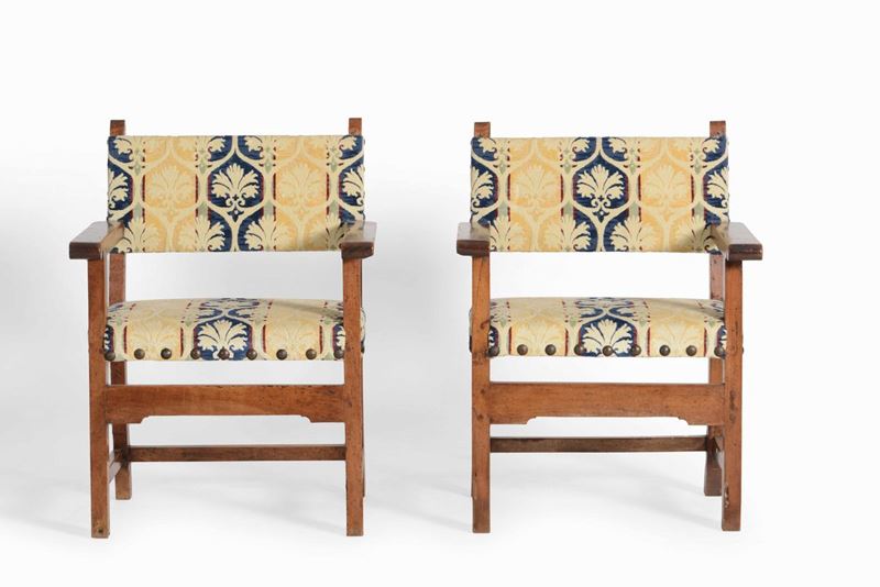 Coppia di antiche poltrone con braccioli diritti, XVIII secolo  - Auction Artworks and Furniture from Lombard private Mansions - Cambi Casa d'Aste