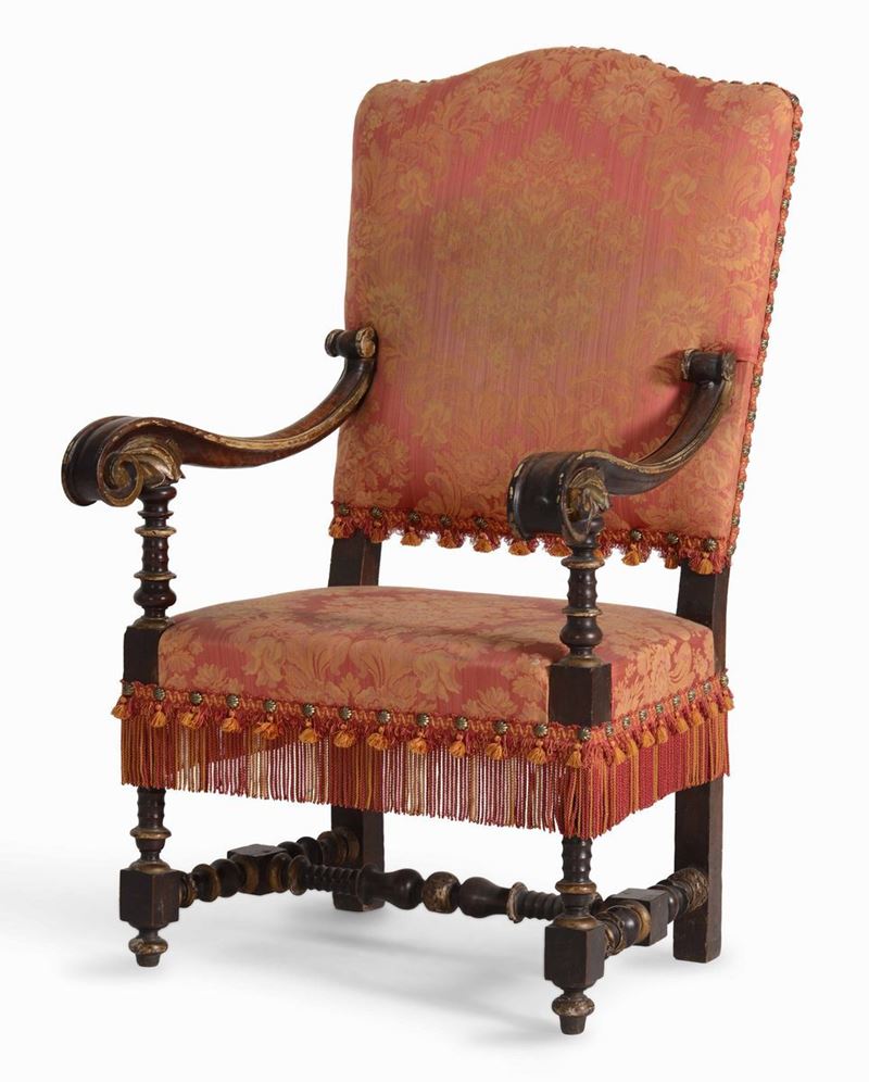 Poltrona in noce intagliato e dorato, XVII secolo  - Auction Artworks and Furniture from Lombard private Mansions - Cambi Casa d'Aste