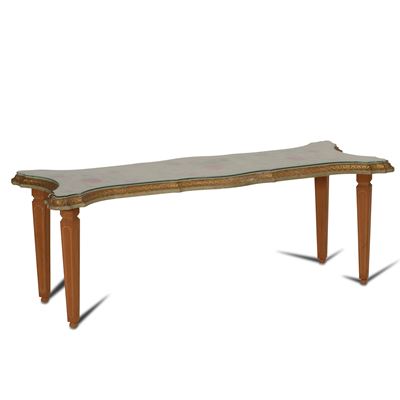 Tavolo in Legno Intagliato, Dipinto e Piano in Vetro, XX Secolo