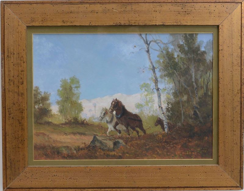 Pittore del XX secolo Veduta con cavalli  - Asta Antiquariato | Cambi Time - Cambi Casa d'Aste