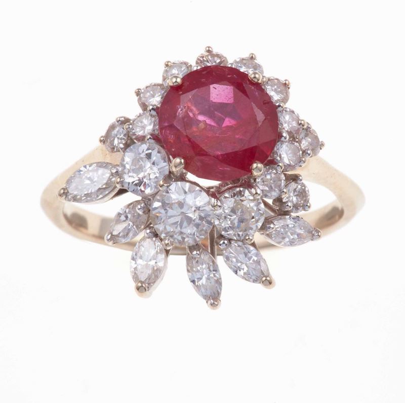 Anello con rubino birmano di ct 2.46 circa e diamanti  - Asta Fine Jewels - III - Cambi Casa d'Aste