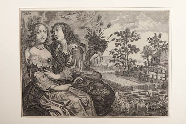 Lotto di varie incisioni, secolo XVIII Frontespizio di atlante del secolo XVIII e varie incisioni di soggetto galante e decorativo.