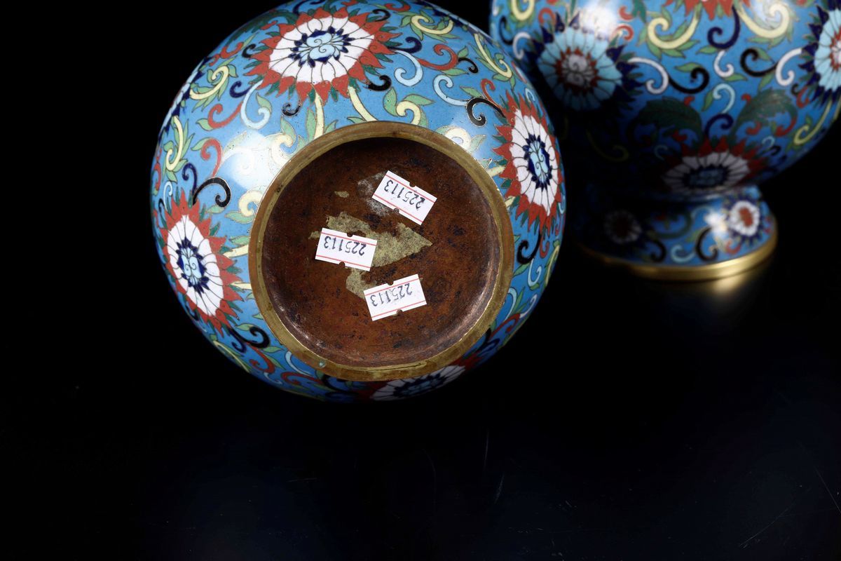 Coppia di Vasi a Bottiglia a Smalti Cloisonnè con Decori Vegetali e a Fiore Do Loto, Cina, Dinast...