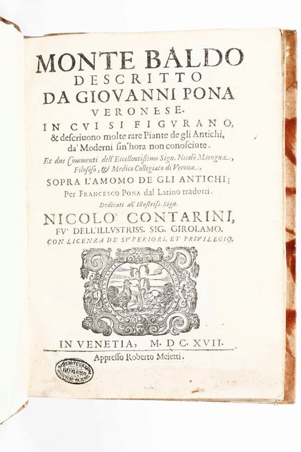 Pona Giovanni Montebaldo descritto da Giovanni Pona... in cui si figurano e descrivono molte rare piante de li antichi dai moderni finora non conosciute... in Venezia, Roberto Meietti, 1617.