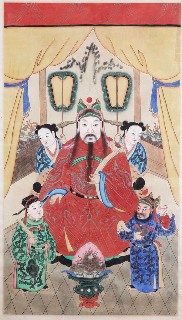 Dipinto su carata raffigurante dignitario con attendenti, Cina, Dinastia Qing, XIX secolo