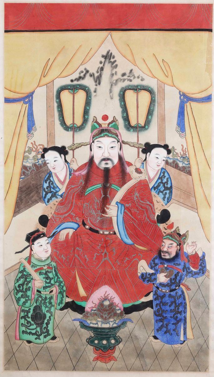 Dipinto su carata raffigurante dignitario con attendenti, Cina, Dinastia Qing, XIX secolo  - Asta Arte Orientale - Cambi Casa d'Aste
