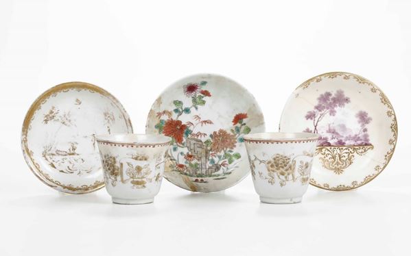 Due tazze e tre piattini Manifatture varie, XVIII secolo