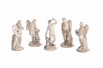 Cinque Rare Figurine Savona, Manifattura di Giacomo Boselli, 1790 Circa Roma, Manifattura Volpato...
