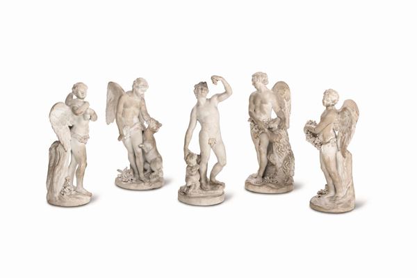 Cinque rare figurine Savona, Manifattura di Giacomo Boselli, 1790 circa Roma, Manifattura Volpato, fine del XVIII secolo