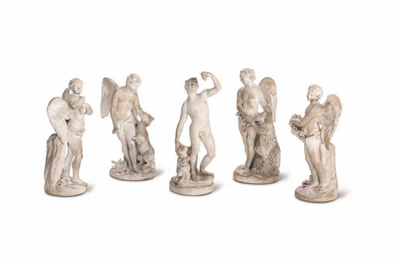 Cinque rare figurine Savona, Manifattura di Giacomo Boselli, 1790 circa Roma, Manifattura Volpato, fine del XVIII secolo  - Auction Italian Dwellings - Cambi Casa d'Aste